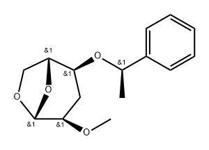 .beta.-D-ribo-Hexopyranose, 1,6-anhydro-3-deoxy-2-O-methyl-4-O-(1-phenylethyl)-, (R)- Struktur