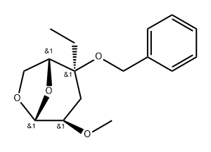 .beta.-D-ribo-Hexopyranose, 1,6-anhydro-3-deoxy-4-C-ethyl-2-O-methyl-4-O-(phenylmethyl)- Struktur