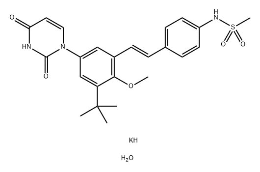 Methanesulfonamide, N-[4-[(1E)-2-[5-(3,4-dihydro-2,4-dioxo-1(2H)-pyrimidinyl)-3-(1,1-dimethylethyl)-2-methoxyphenyl]ethenyl]phenyl]-, potassium salt, hydrate (1:1:3) Struktur