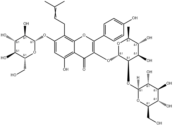 4H-1-Benzopyran-4-one, 3-[(6-deoxy-2-O-β-D-glucopyranosyl-α-L-mannopyranosyl)oxy]-7-(β-D-glucopyranosyloxy)-5-hydroxy-2-(4-hydroxyphenyl)-8-(3-methyl-2-bute-1-nyl)- Struktur