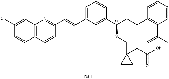 Cyclopropaneacetic acid, 1-[[[(1R)-1-[3-[(1E)-2-(7-chloro-2-quinolinyl)ethenyl]phenyl]-3-[2-(1-methylethenyl)phenyl]propyl]thio]methyl]-, sodium salt (1:1) Struktur