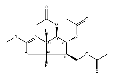 4H-Cyclopentoxazole-4,5-diol, 6-(acetyloxy)methyl-2-(dimethylamino)-3a,5,6,6a-tetrahydro-, diacetate (ester), (3aS,4R,5R,6S,6aS)- Struktur