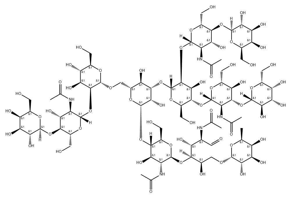 O-6-Deoxy-alpha-L-galactopyranosyl-(1-6)-O-[O-beta-D-galactopyranosyl-(1-3)-O-2-(acetylamino)-2-deoxy-beta-D-glucopyranosyl-(1-4)-O-[O-beta-D-galactopyranosyl-(1-4)-2-(acetylamino)-2-deoxy-beta-D-glucopyranosyl-(1-2)]-O-alpha-D-mannopyranosyl-(1-3)-O-[O-beta-D-galactopyranosyl-(1-4)-O-2-(acetylamino)-2-deoxy-beta-D-glucopyranosyl-(1-2)-alpha-D-mannopyranosyl-(1-6)]-O-beta-D-mannopyranosyl-(1-4)-2-(acetylamino)-2-deoxy-beta-D-glucopyranosyl-(1-4)]-2-(acetylamino)-2-deoxy-D-glucose Struktur