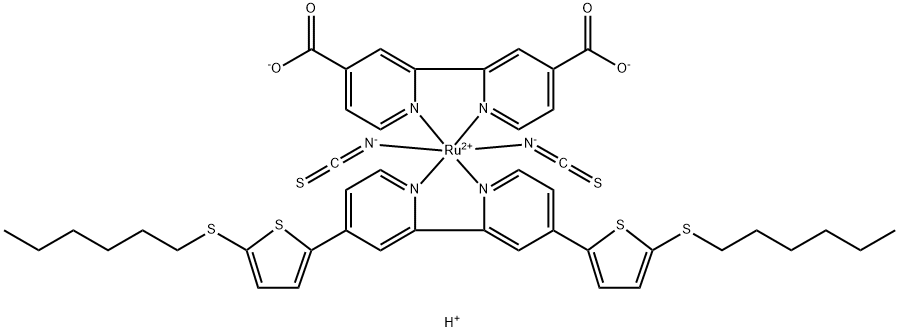 cis-Bis(isothiocyanato)(2,2′-bipyridyl-4,4′-dicarboxylato)( 4,4′-bis(5-(hexylthio)thiophen-2-yl)-2,2′-bipyridyl)ruthenium(II) Struktur