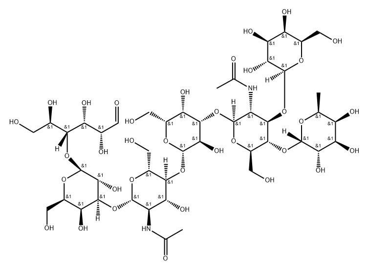 O-6-Deoxy-alpha-L-galactopyranosyl-(1-4)-O-[beta-D-galactopyranosyl-(1-3)]-O-2-(acetylamino)-2-deoxy-beta-D-glucopyranosyl-(1-3)-O-beta-D-galactopyranosyl-(1-4)-O-2-(acetylamino)-2-deoxy-beta-D-glucopyranosyl-(1-3)-O-beta-D-galactopyranosyl-(1-4)-D-glucose Struktur