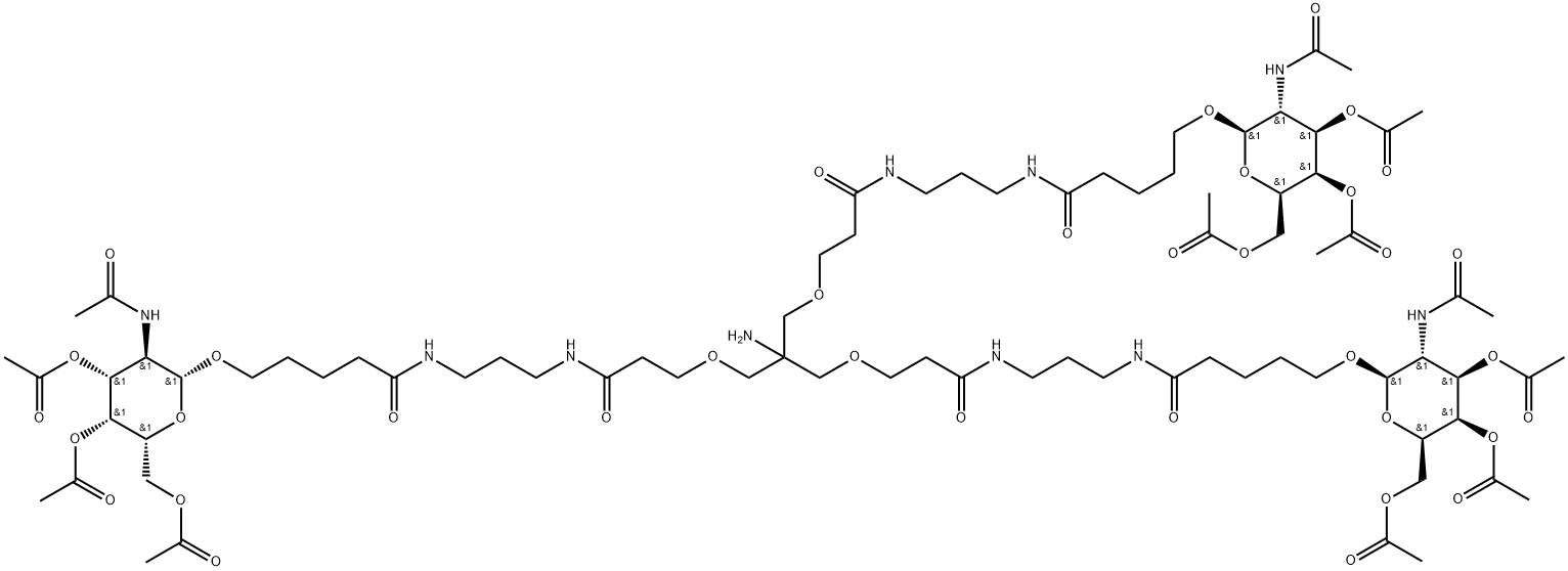 4,8-Dioxa-12,16-diazaheneicosanamide, 6-amino-11,17-dioxo-6-[[3-oxo-3-[[3-[[1-oxo-5-[[3,4,6-tri-O-acetyl-2-(acetylamino)-2-deoxy-β-D-galactopyranosyl]oxy]pentyl]amino]propyl]amino]propoxy]methyl]-N-[3-[[1-oxo-5-[[3,4,6-tri-O-acetyl-2-(acetylamino)-2-deoxy-β-D-galactopyranosyl]oxy]pentyl]amino]propyl]-21-[[3,4,6-tri-O-acetyl-2-(acetylamino)-2-deoxy-β-D-galactopyranosyl]oxy]- Struktur