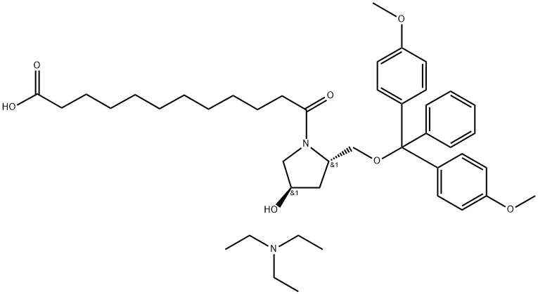 1-Pyrrolidinedodecanoic acid, 2-[[bis(4-methoxyphenyl)phenylmethoxy]methyl]-4-hydroxy-λ-oxo-, (2S,4R)-, compd. with N,N-diethylethanamine (1:1) Struktur