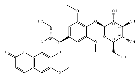 9H-Pyrano[2,3-f]-1,4-benzodioxin-9-one, 3-[4-(β-D-glucopyranosyloxy)-3,5-dimethoxyphenyl]-2,3-dihydro-2-(hydroxymethyl)-5-methoxy-, (2R,3R)- Struktur