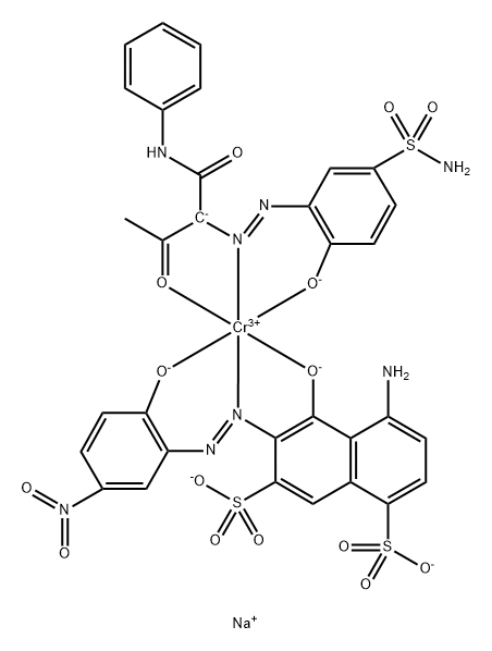 Chromate(3-), [4-amino-5-hydroxy-6-[(2- hydroxy-5-nitrophenyl)azo]-1,7-naphthalenedisulfonato (4-)][2-[[5-(aminosulfonyl)-2-hydroxyphenyl]az o]-3-oxo-N-phenylbutanamidato(2-)]-, trisodium Struktur