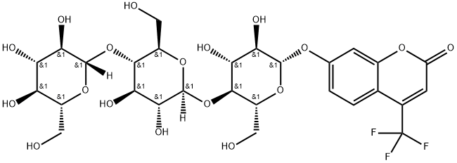 7-[(O-beta-D-Glucopyranosyl-(1-4)-O-beta-D-glucopyranosyl-(1-4)-beta-D-glucopyranosyl)oxy]-4-(trifluoromethyl)-2H-1-benzopyran-2-one Struktur