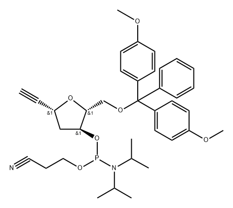 Ethynyl 2-deoxy-5-O-DMT-ribosyl 3-CE phosphoramidite Struktur