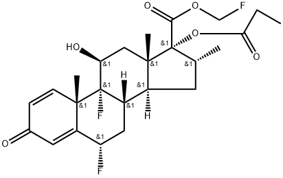 Androsta-1,4-diene-17- carboxylic acid, 6,9-difluoro- 11-hydroxy-16-Methyl-3-oxo-17-(1- oxopropoxy)-, fluoroMethyl ester, (6α,11β,16α,17α)- Struktur