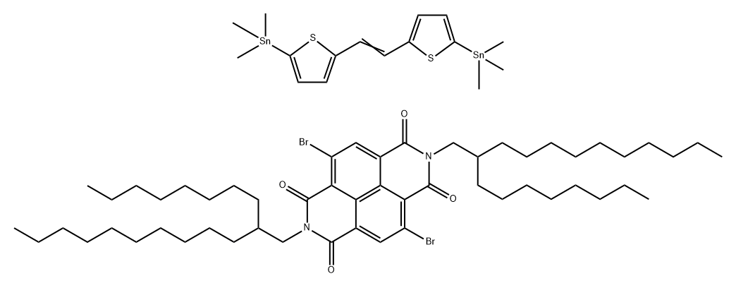 Benzo[lmn]?[3,?8]?phenanthroline-?1,?3,?6,?8(2H,?7H)?-?tetrone, 4,?9-?dibromo-?2,?7-?bis(2-?octyldodecyl)?-?, polymer with 1,?1'-?(1,?2-?ethenediyldi-?5,?2-?thiophenediyl)?bis[1,?1,?1-?trimethylstannane Struktur