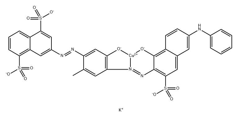 Cuprate(3-), [3-[[5-hydroxy-4-[[1-hydroxy- 6-(phenylamino)-3-sulfo-2-naphthalenyl]azo]-2 -methylphenyl]azo]-1,5-naphthalenedisulfonato(5-) ]-, tripotassium Struktur