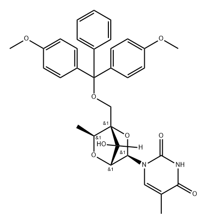 2,4(1H,3H)-Pyrimidinedione, 1-[2,5-anhydro-4-C-[[bis(4-methoxyphenyl)phenylmethoxy]methyl]-6-deoxy-α-L-mannofuranosyl]-5-methyl- Struktur