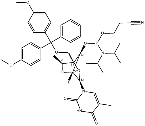 2,4(1H,3H)-Pyrimidinedione, 1-[2,5-anhydro-4-C-[[bis(4-methoxyphenyl)phenylmethoxy]methyl]-3-O-[[bis(1-methylethyl)amino](2-cyanoethoxy)phosphino]-6-deoxy-α-L-mannofuranosyl]-5-methyl- Struktur