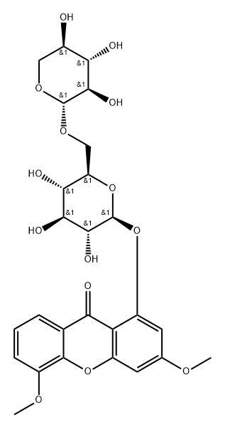 9H-Xanthen-9-one, 3,5-dimethoxy-1-[(6-O-β-D-xylopyranosyl-β-D-glucopyranosyl)oxy]- Struktur