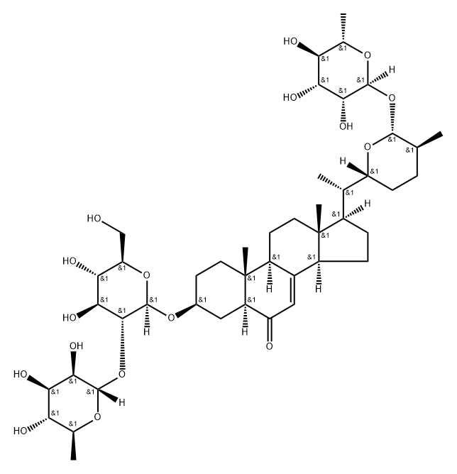 (3R,5R,9S,10R,13S,14S,17R)-3-[(2R,3R,4S,5R,6R)-4,5-dihydroxy-6-(hydrox ymethyl)-3-[(2S,3R,4R,5S,6S)-3,4,5-trihydroxy-6-methyl-oxan-2-yl]oxy-o xan-2-yl]oxy-10,13-dimethyl-17-[(1S)-1-[(2R,5S,6R)-5-methyl-6-[(2S,3R, 4R,5S,6S)-3,4,5-trihydroxy-6-methyl-oxan-2-yl]oxy-oxan-2-yl]ethyl]-1,2 ,3,4,5,9,11,12,14,15,16,17-dodecahydrocyclopenta[a]phenanthren-6-one Struktur