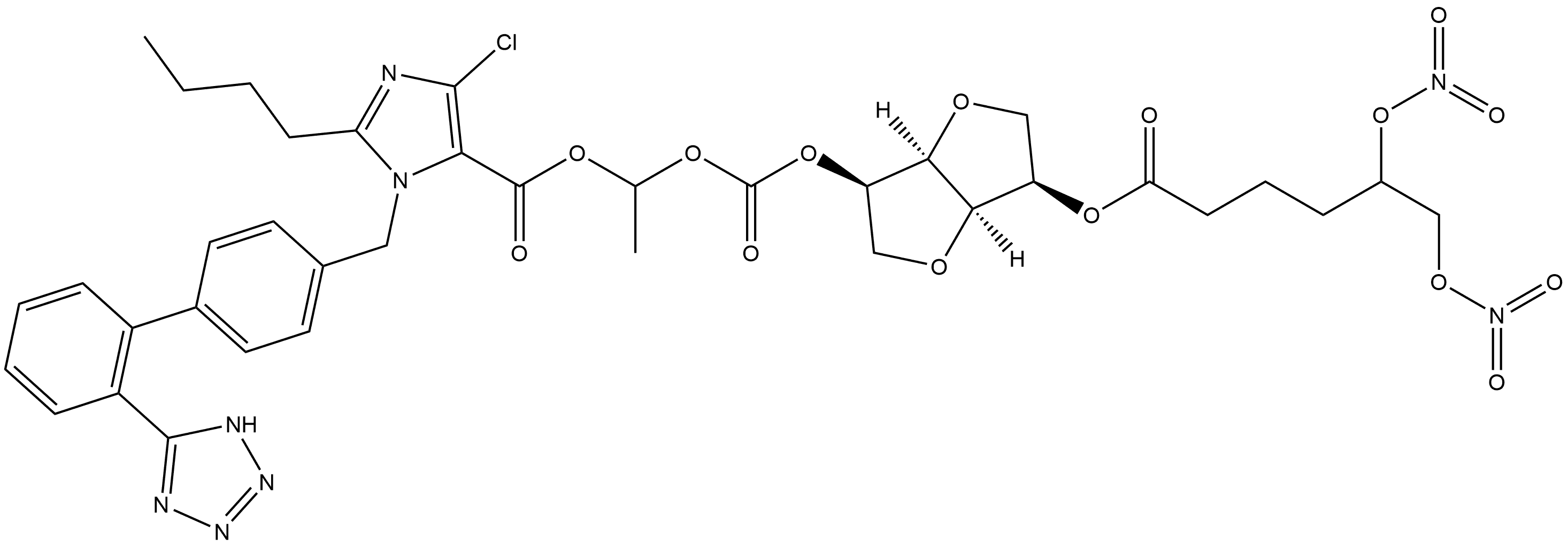 D-Mannitol, 1,4:3,6-dianhydro-, 2-[5,6-bis(nitrooxy)hexanoate] 5-[1-[[[2-butyl-4-chloro-1-[[2'-(2H-tetrazol-5-yl)[1,1'-biphenyl]-4-yl]methyl]-1H-imidazol-5-yl]carbonyl]oxy]ethyl carbonate] Struktur