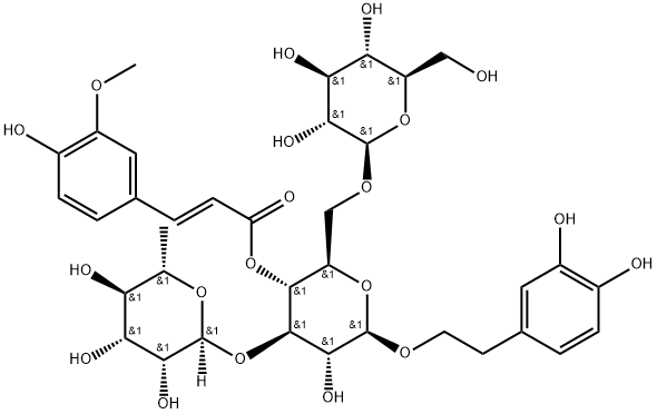 2-(3,4-Dihydroxyphenyl)ethyl O-6-deoxy-alpha-L-mannopyranosyl-(1-3)-O-[beta-D-glucopyranosyl-(1-6)]-beta-D-glucopyranoside 4-[(2E)-3-(4-hydroxy-3-methoxyphenyl)-2-propenoate] Struktur