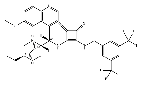 3-[[[3,5-bis(trifluoromethyl)phenyl]methyl]amino]-4-[[(8α,9S)-10,11-dihydro-6'-methoxycinchonan-9-yl]amino]-3-Cyclobutene-1,2-dione Struktur