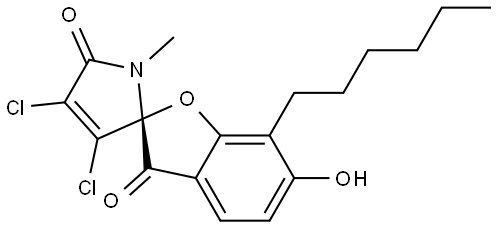 Spiro[benzofuran-2(3H),2'-[2H]pyrrole]-3,5'(1'H)-dione, 3',4'-dichloro-7-hexyl-6-hydroxy-1'-methyl-, (2R)- Struktur