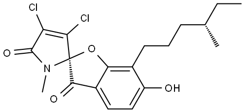 Spiro[benzofuran-2(3H),2'-[2H]pyrrole]-3,5'(1'H)-dione, 3',4'-dichloro-6-hydroxy-1'-methyl-7-[(4S)-4-methylhexyl]-, (2R)- Struktur