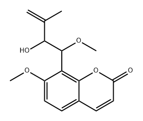 2H-1-Benzopyran-2-one, 8-(2-hydroxy-1-methoxy-3-methyl-3-buten-1-yl)-7-methoxy-, stereoisomer Struktur