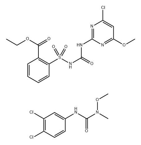 Benzoic acid, 2-[[[[(4-chloro-6-methoxy-2-pyrimidinyl)amino]carbonyl]amino]sulfonyl]-, ethyl ester, mixt. with N'-(3,4-dichlorophenyl)-N-methoxy-N-methylurea Struktur