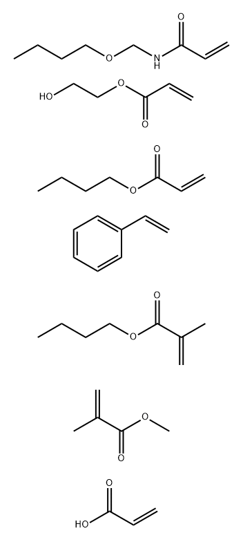 2-Propenoic acid, 2-methyl-, butyl ester, polymer with N-(butoxymethyl)-2-propenamide, butyl 2-propenoate, ethenylbenzene, 2-hydroxyethyl 2-propenoate, methyl 2-methyl-2-propenoate and 2-propenoic acid Struktur