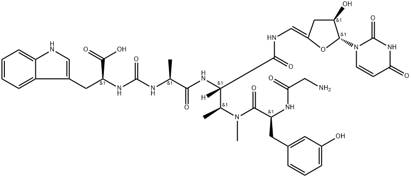 Butanamide, N-[[[(1S)-1-carboxy-2-(1H-indol-3-yl)ethyl]amino]carbonyl]-L-alanyl-N3-(glycyl-3-hydroxy-L-phenylalanyl)-2-amino-N-[(Z)-[(4R,5R)-5-(3,4-dihydro-2,4-dioxo-1(2H)-pyrimidinyl)dihydro-4-hydroxy-2(3H)-furanylidene]methyl]-3-(methylamino)-, (2S,3S)- Struktur