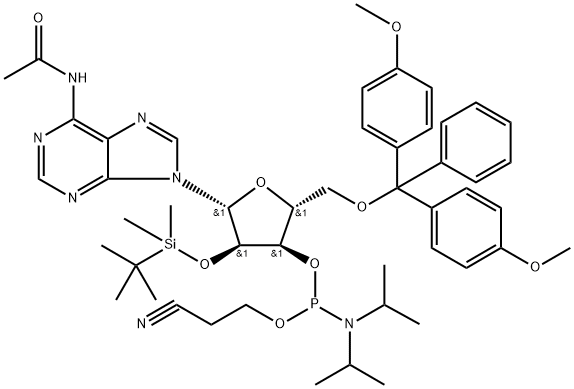 Adenosine, N-acetyl-5'-O-[bis(4-methoxyphenyl)phenylmethyl]-2'-O-(trimethylsilyl)-, 3'-[2-cyanoethyl N,N-bis(1-methylethyl)phosphoramidite] Struktur