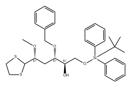 D-ribo-Hexose, 3-deoxy-6-O-(1,1-dimethylethyl)diphenylsilyl-2-O-methyl-4-O-(phenylmethyl)-, cyclic 1,2-ethanediyl dithioacetal Struktur