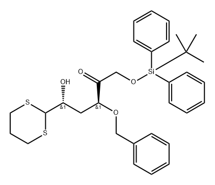 D-erythro-Hexos-5-ulose, 3-deoxy-6-O-(1,1-dimethylethyl)diphenylsilyl-4-O-(phenylmethyl)-, cyclic 1-(1,3-propanediyl dithioacetal) Struktur