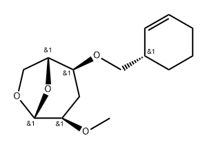 .beta.-D-ribo-Hexopyranose, 1,6-anhydro-4-O-(2-cyclohexen-1-ylmethyl)-3-deoxy-2-O-methyl-, (S)- Struktur