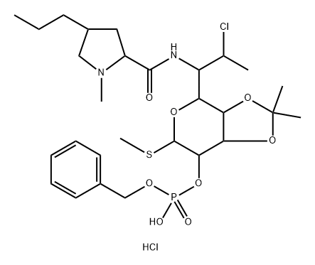 L-threo-α-D-galacto-Octopyranoside, methyl 7-chloro-6,7,8-trideoxy-3, 4-O-(1-methylethylidene)-6-[[(1-methyl-4-propyl-2 -pyrrolidinyl)carbonyl]amino]-1-thio-, 2-(phenylmethyl hydrogen phosphate), monohydrochloride, (2S-trans)- Struktur