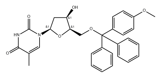 2,4(1H,3H)-Pyrimidinedione, 1-[2-deoxy-5-O-[(4-methoxyphenyl)diphenylmethyl]-β-D-threo-pentofuranosyl]-5-methyl- Struktur