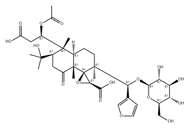 Spiro[naphthalene-1(2H),2'-oxirane]-5-propanoic acid, β-(acetyloxy)-3'-carboxy-2-[(S)-3-furanyl(β-D-glucopyranosyloxy)methyl]octahydro-6-(1-hydroxy-1-methylethyl)-2,5,8a-trimethyl-8-oxo-, (βR,1R,2S,3'S,4aR,5R,6R,8aR)- Struktur