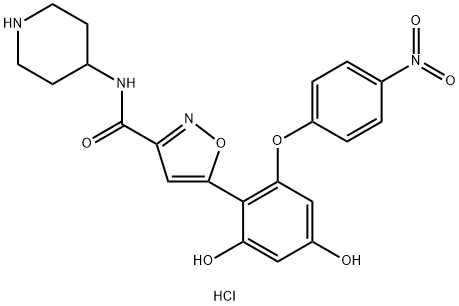 3-Isoxazolecarboxamide, 5-[2,4-dihydroxy-6-(4-nitrophenoxy)phenyl]-N-4-piperidinyl-, hydrochloride (1:1) Struktur