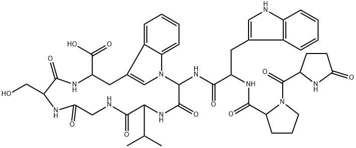 L-Tryptophan,L-valylglycyl-L-seryl-1-[carboxy[(5-oxo-L-prolyl-L-prolyl-L-tryptophyl)amino]methyl]-,(41(R)1)-lactam Struktur