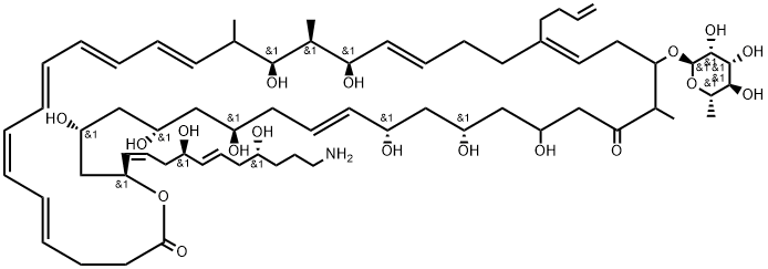 44-[(1E,4R,5E,8R)-11-amino-4,8-dihydroxy-undeca-1,5-dienyl]-23-but-3-e nyl-16,18,30,32,34,38,40,42-octahydroxy-15,17,27-trimethyl-26-[(2S,3R, 4R,5S,6S)-3,4,5-trihydroxy-6-methyl-oxan-2-yl]oxy-1-oxacyclotetratetra conta-5,7,9,11,13,19,23,35-octaene-2,28-dione Struktur