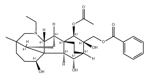 8,10a-Ethano-11,3,6a-ethanylylidene-8H-indeno[2,1-b]azocine-6,7,9,10-tetrol, 9-[(benzoyloxy)methyl]-1-ethyldodecahydro-3-methyl-, 10-acetate, (3R,6S,6aR,6bR,7R,8S,9R,10R,10aS,11R,11aR,13R)- Struktur