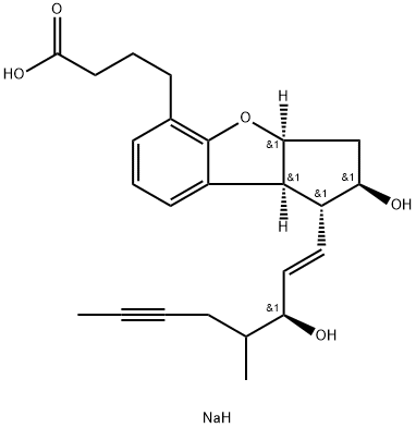 1H-Cyclopenta[b]benzofuran-5-butanoic acid, 2,3,3a,8b-tetrahydro-2-hydroxy-1-[(1E,3S)-3-hydroxy-4-methyl-1-octen-6-yn-1-yl]-, sodium salt (1:1), (1R,2R,3aS,8bS)- Struktur