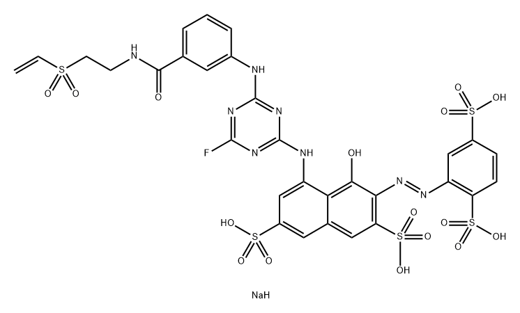 Tetrasodium 3-[(2,5-disulfophenyl)azo]-5-[[4- [[3-[[[2-(ethenylsulfonyl)ethyl] amino]carbo- nyl]phenyl]amino]-6-fluoro-1,3,5-triazin-2- yl]amino]-4-hydroxy-2,7-naphthalenedisulfonate Struktur