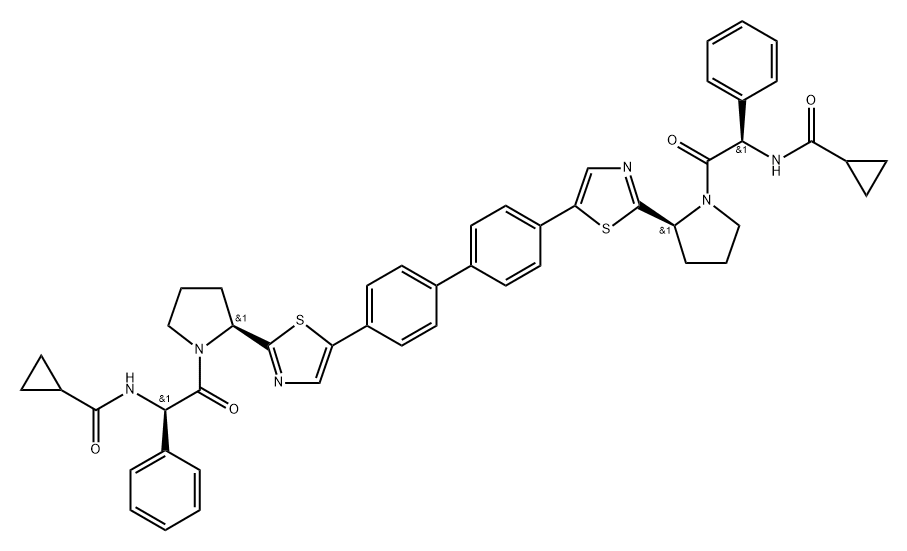 Cyclopropanecarboxamide, N,N'-[[1,1'-biphenyl]-4,4'-diylbis[5,2-thiazolediyl-(2S)-2,1-pyrrolidinediyl[(1R)-2-oxo-1-phenyl-2,1-ethanediyl]]]bis- Struktur