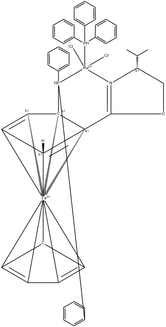 (+)-Dichloro[(4R)-4-(i-propyl)-2-{(R)-2-(diphenylphosphino)ferrocenyl}oxazoline](triphenylphosphine)ruthenium(II) Struktur