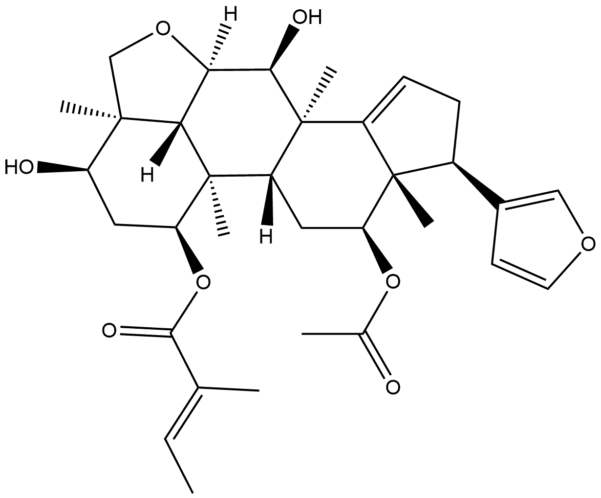 24-Norchola-5,14,20,22-tetraeno[6,5,4-bc]furan-1,3,7,12-tetrol, 21,23-epoxy-4,5,5',6-tetrahydro-4,8-dimethyl-, 12-acetate 1-[(2E)-2-methyl-2-butenoate], (1α,3α,4β,5α,6β,7α,12α,13α,17α)- Struktur