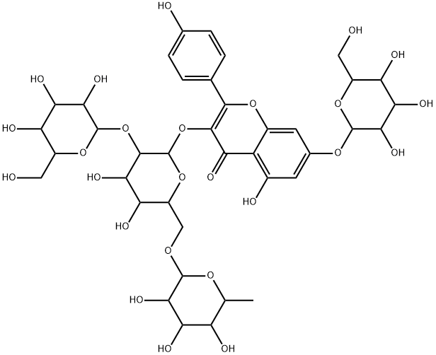 Kaempferol-3-O-β-D-[(2→1)-β-D-glucose-(6→1)-α- L-rhamnosyl]-glucose-7-O-β-D-glucoside Struktur