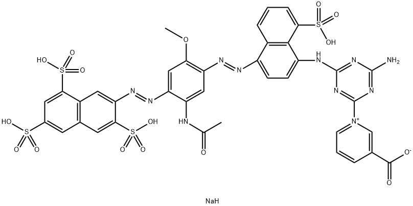 Pyridinium, 1-[4-[[4-[2-[5-(acetylamino)-2-methoxy-4-[2-(3,6,8-trisulfo-2-naphthalenyl)diazenyl]phenyl]diazenyl]-8-sulfo-1-naphthalenyl]amino]-6-amino-1,3,5-triazin-2-yl]-3-carboxy-, inner salt, sodium salt (1:) Struktur