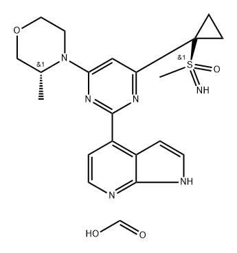 Formic acid, compd. with 4-[4-[1-[[S(R)]-S-methylsulfonimidoyl]cyclopropyl]-6-[(3R)-3-methyl-4-morpholinyl]-2-pyrimidinyl]-1H-pyrrolo[2,3-b]pyridine (1:) Struktur